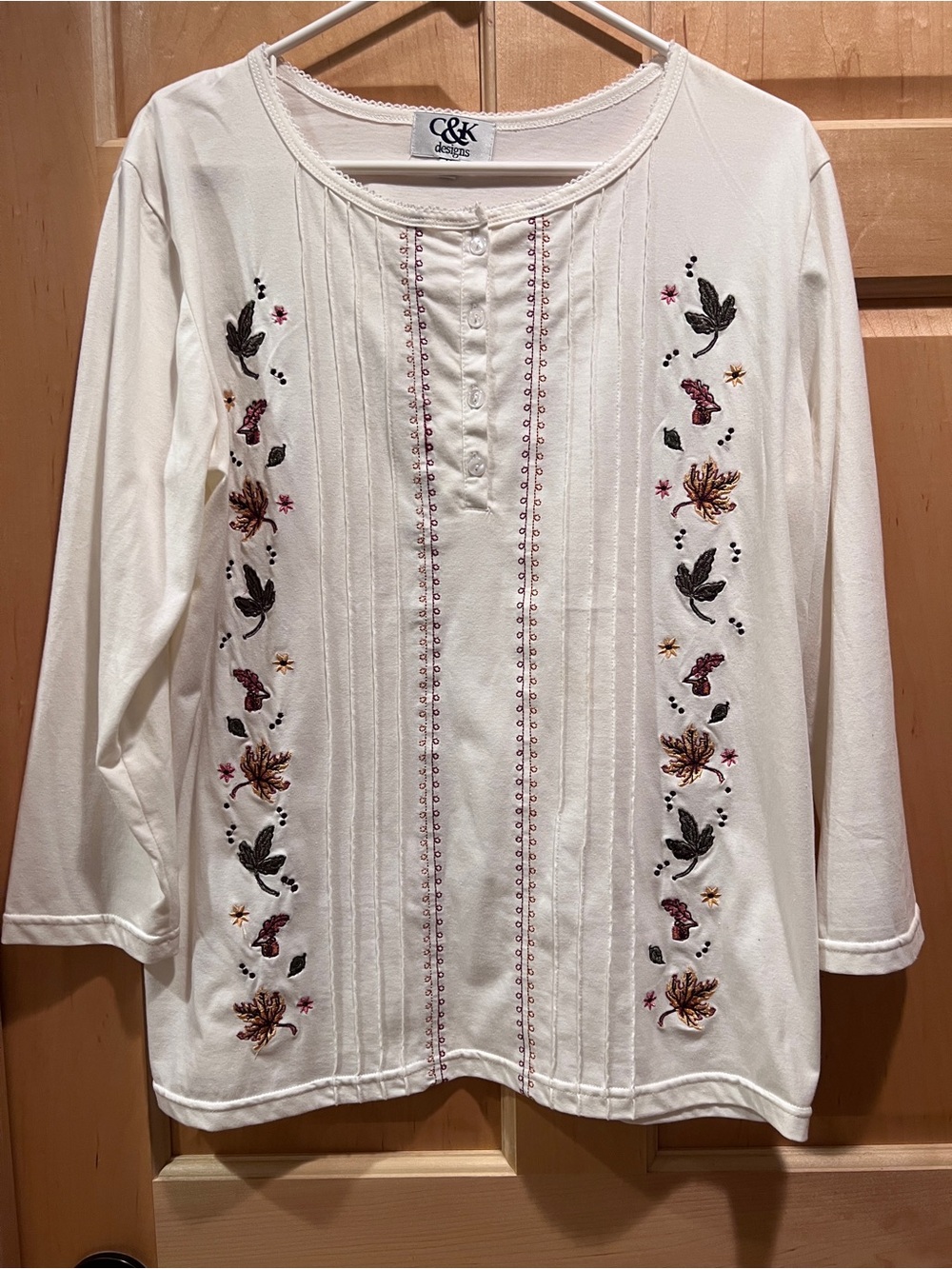 Vintage C&K Cream Cozy Autumn Leaf Embroidered 3/4 Sleeve Top Boho Cottagecore M